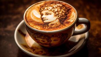 heet schuimig cappuccino in elegant koffie winkel met schuim kunst gegenereerd door ai foto