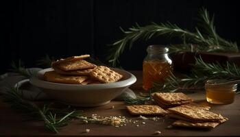 eigengemaakt brood en biscuit stack Aan rustiek houten tafel generatief ai foto