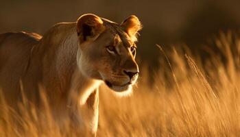 majestueus leeuw wandelen in de wildernis, jager trots in zicht generatief ai foto