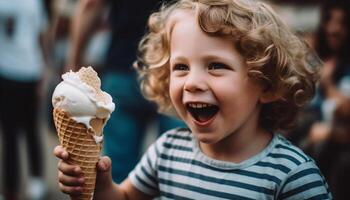 schattig Kaukasisch jongen genieten van ijs room buitenshuis met zorgeloos vreugde generatief ai foto