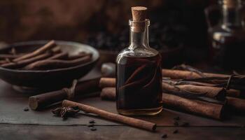 rustiek hout tafel met biologisch voedsel en geparfumeerd kruiden generatief ai foto