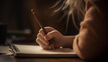een persoon zittend Bij tafel, werken met pen en potlood generatief ai foto