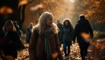 Kaukasisch paren genieten herfst hiking, lachend, en bonding in natuur generatief ai foto