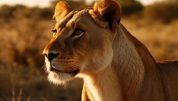 majestueus leeuwin wandelen in de savanne, alertheid in haar ogen gegenereerd door ai foto