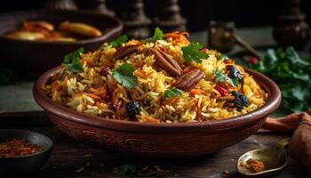 fijnproever maaltijd van basmati rijst, vlees, en groenten gekookt eigengemaakt gegenereerd door ai foto