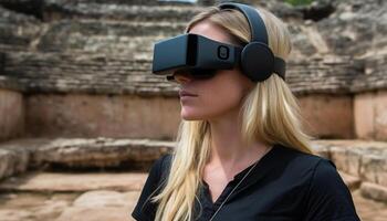 blond vrouw lachend, vervelend vr koptelefoon, genieten van futuristische simulator avontuur gegenereerd door ai foto