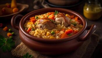 gezond maaltijd van groente rijst- stoofpot met gestoofd kip vlees gegenereerd door ai foto