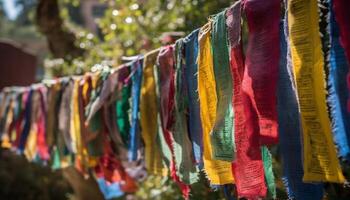 multi gekleurde gebed vlaggen hangende in een rij symboliseren Tibetaans Boeddhisme gegenereerd door ai foto
