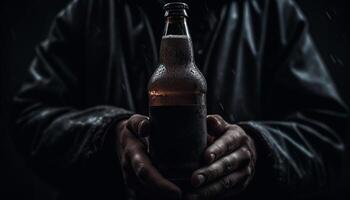 eenzaam jong volwassen Holding whisky fles in donker eenzaamheid gegenereerd door ai foto