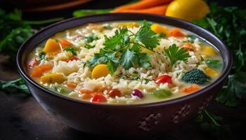 vers vegetarisch soep met wortels, uien, tomaten, en koriander garneer gegenereerd door ai foto
