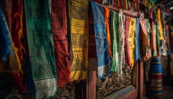 multi gekleurde textiel hangen in oud op te slaan, presentatie van inheems culturen gegenereerd door ai foto