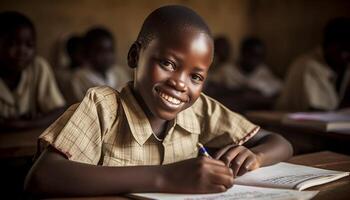 glimlachen Afrikaanse Amerikaans schooljongen aan het studeren binnenshuis, op zoek Bij camera met geluk gegenereerd door ai foto