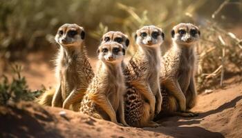 klein meerkat familie zittend in een rij, staren alert Bij camera gegenereerd door ai foto