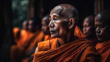 monniken mediteren in sereen pagode, vieren geestelijkheid en inheems culturen gegenereerd door ai foto