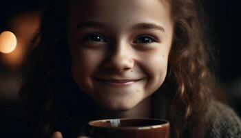 schattig meisje Holding heet drinken glimlacht voor dichtbij omhoog portret buitenshuis gegenereerd door ai foto