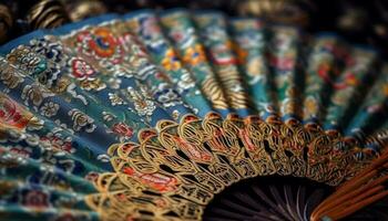 levendig zijde hand- fans, oude ambacht met overladen borduurwerk ontwerpen gegenereerd door ai foto