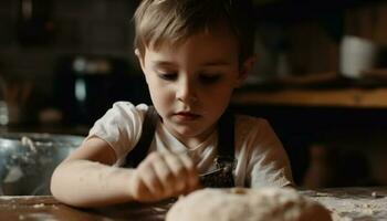 schattig Kaukasisch jongen en meisje spelen met deeg in keuken gegenereerd door ai foto