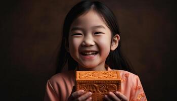 kinderen Holding snoep, aan het eten nagerecht, op zoek blij in studio schot gegenereerd door ai foto