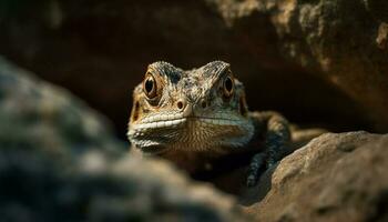 hagedis oog op zoek Bij camera, focus Aan voorgrond, natuur schoonheid gegenereerd door ai foto