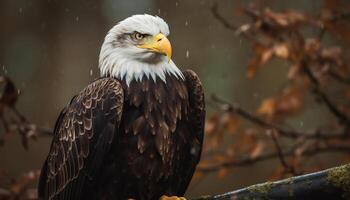 majestueus kaal adelaar neerstrijken Aan tak, op zoek Bij rustig Woud gegenereerd door ai foto