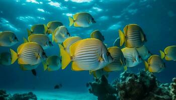 school- van multi gekleurde vis zwemmen in mooi onderwater- rif landschap gegenereerd door ai foto