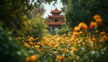 oude pagode staat hoog temidden van Beijing kleurrijk herfst landschap gegenereerd door ai foto