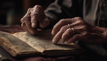 senior volwassen lezing Bijbel, Holding god wijsheid dichtbij omhoog binnenshuis gegenereerd door ai foto