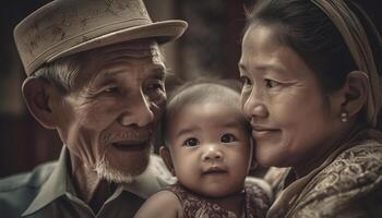 multi generatie familie glimlachen buitenshuis, Holding liefde en bonding samen gegenereerd door ai foto