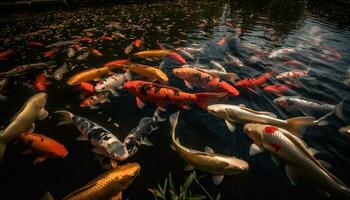 school- van vis zwemmen in groot vijver, reflecterend schoonheid in natuur gegenereerd door ai foto