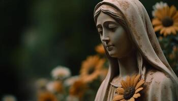 Christendom en Boeddhisme verenigen in vredig zonnebloem meditatie gegenereerd door ai foto