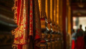 oude pagode in Beijing versierd met elegant zijde hangende gordijnen gegenereerd door ai foto