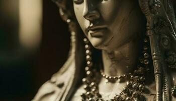 elegant christen standbeeld met goud sieraden, focus Aan voorgrond gegenereerd door ai foto