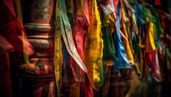 levendig kleuren van textiel hangen in rijen, vieren inheems culturen gegenereerd door ai foto