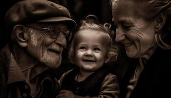 multi generatie familie omarmen buitenshuis, glimlachen en lachend met genegenheid gegenereerd door ai foto