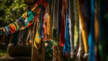 inheems culturen' levendig textiel hangen in rijen Bij buitenshuis markten gegenereerd door ai foto