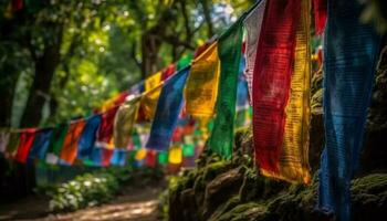 levendig Tibetaans cultuur gebed vlaggen hangende in een rij buitenshuis gegenereerd door ai foto