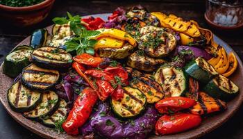 gegrild aubergine en tomaat bord, een gezond vegetarisch maaltijd gegenereerd door ai foto