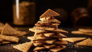 eigengemaakt peperkoek koekjes gestapeld Aan rustiek hout, Kerstmis toegeeflijkheid gegenereerd door ai foto