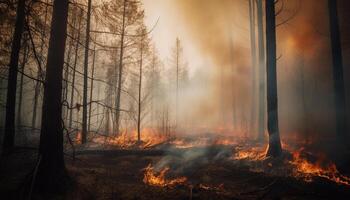 brandend Woud brand schade natuurlijk omgeving, creëren spookachtig mysterie gegenereerd door ai foto