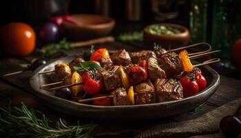 gegrild vlees vleespen met vers groenten, een fijnproever zomer maaltijd gegenereerd door ai foto