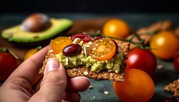 gezond vegetarisch guacamole tussendoortje met vers avocado en tomaat plak gegenereerd door ai foto