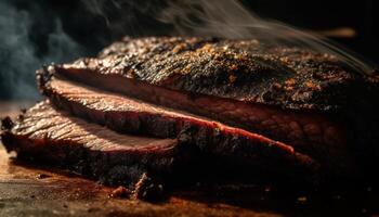 gegrild steak, gerookt varkensvlees, en rundvlees filet Aan rustiek bord gegenereerd door ai foto