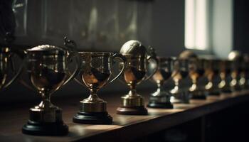 eerste plaats trofee schijnt Aan houten tafel Bij sport- ceremonie gegenereerd door ai foto