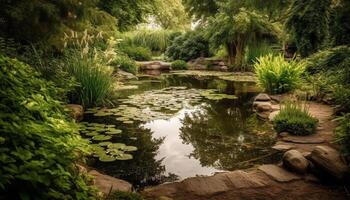 groen bladeren Aan boom Afdeling reflecteren in rustig vijver water gegenereerd door ai foto