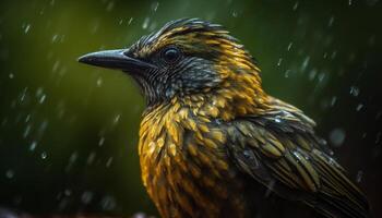 geel spreeuw neerstrijken Aan nat tak, op zoek Bij camera gegenereerd door ai foto