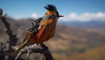 mannetje bij eter neerstrijken Aan tak, focus Aan kleurrijk veren gegenereerd door ai foto