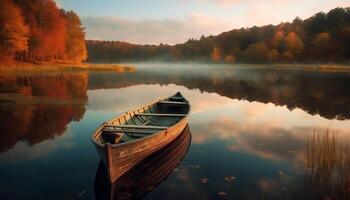 rustig tafereel van nautische vaartuig Aan reflectie van herfst Woud gegenereerd door ai foto