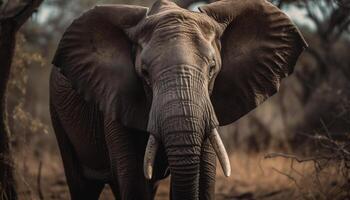 Afrikaanse olifant wandelen in rustig savanne, presentatie van haar zwaar sterkte gegenereerd door ai foto