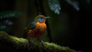 kleurrijk spreeuw neergestreken Aan tak, staren Bij camera in Woud gegenereerd door ai foto