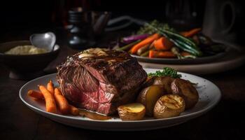 gegrild entrecote steak met vers groenten Aan rustiek bord gegenereerd door ai foto